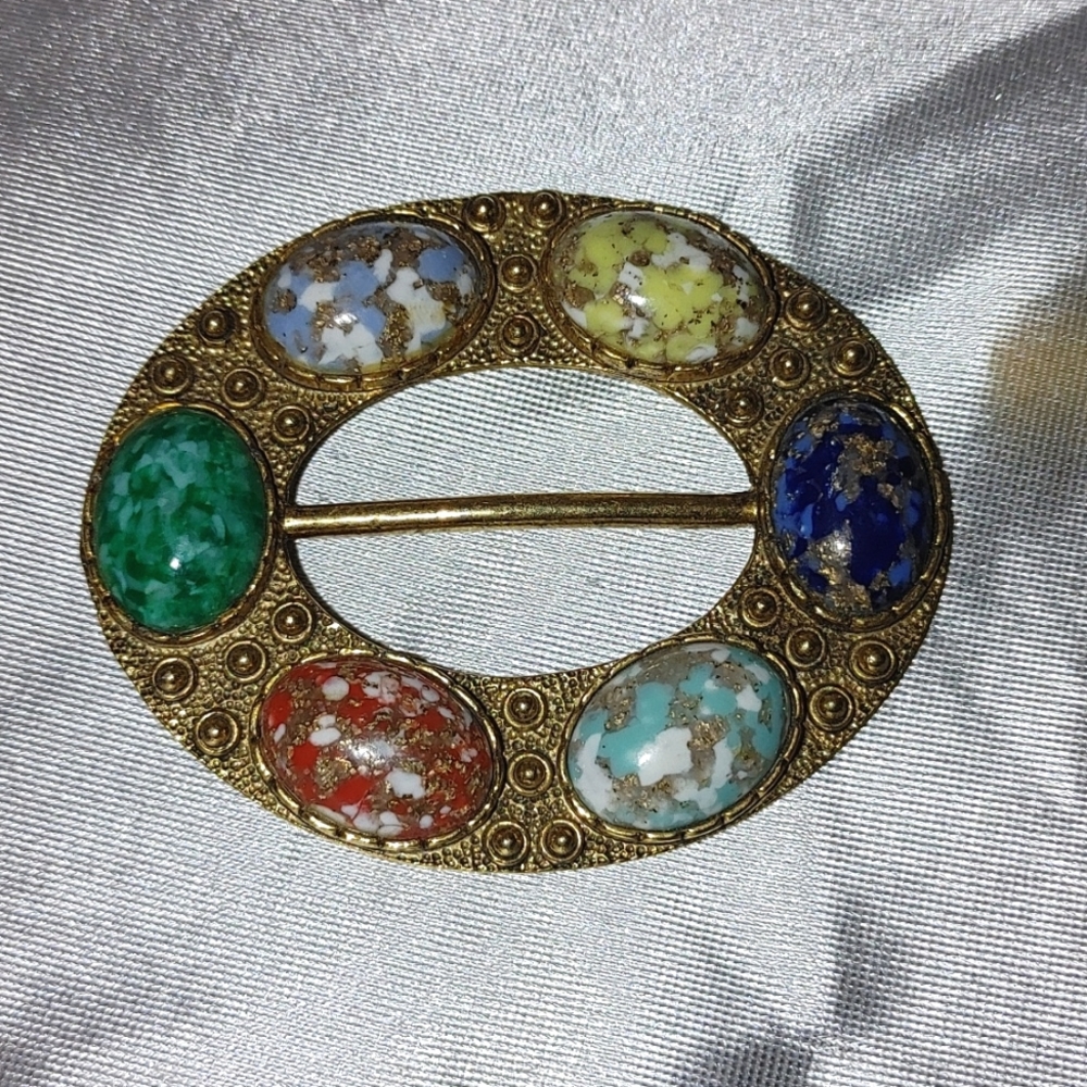 Brass 6 stone center bar belt buckle